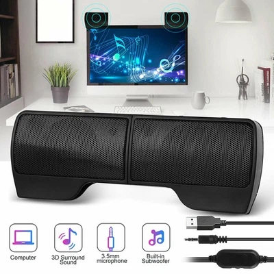 Speakers USB Power Clip-On Computer Stereo Sound Bar 3.5mm for Desktop Laptop PC - Image 1 of 4