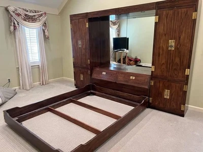 Henredon Vintage Scene One Campaign King Size 2 Armoires Headbd Bridge Frame - Image 1 of 4