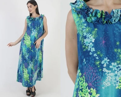 Vtg Royal Hawaiian Dress Blue Tiki Luau Hawaii Kaftan Aloha 60s Caftan Sundress - Image 1 of 4