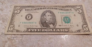 Rare Five Dollar Bill 1988 with Double Unique Digits Rare Misalign F88828887A - Picture 1 of 8