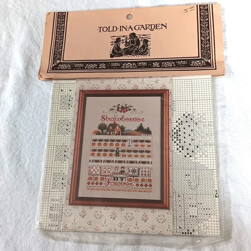 Told In A Garden Strawberries Forever Cross Stitch Chart Pattern Vtg - Image 1 of 3