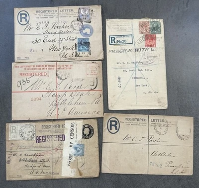 Lot of 5 Registered Envelopes 1893–1919 WWI Censor, UK to USA, NSW Colonial - Image 1 of 4