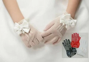 Flower Girls Ball Dance Party Fancy Wedding Net Bow Short Black Red White Gloves - Picture 1 of 14