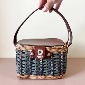 Bolso de mano de mimbre estilo cesta de picnic bolso retro cartera años 60 vintage soviético - Imagen 1 de 8