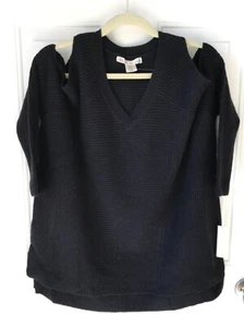 NWT Women’s Kaisley Black Open Shoulder Oversized V-Neck Rib Knit Sweater, Sz XS - Picture 1 of 12