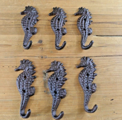 6 чугунных крючков для пальто SEAHORSE шляпа крюк стойка полотенце морской пляж деревенский декор - Изображение 1 из 4