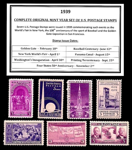 1939 COMPLETE YEAR SET OF MINT -MNH- VINTAGE U.S. POSTAGE STAMPS Cover