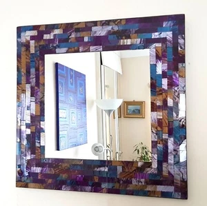 Espejo de pared cuadrado mosaico púrpura azul estilo cepillado, hecho a mano en Bali 38cm NUEVO - Imagen 1 de 7