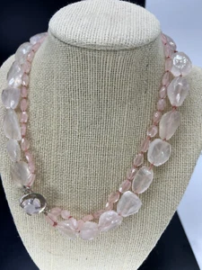 Necklace knotted Rose quartz beads Hand Made double 20" sterling silver clasp - Picture 1 of 6