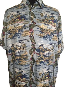 Hilo Hattie Hawaiian Shirt Large L Mens Blue Silk Islands Palms Ocean - Picture 1 of 9