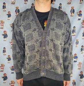 Vintage Sansabelt Designer Collection grau Crosshatch Strick Cardigan Pullover Large - Bild 1 von 5