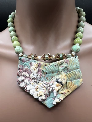 RARO JUEGO DE PENDIENTES COLLAR COLGANTE PAVO REAL PIEDRA NATURAL TALLADA A MANO JASPE DE LUJO Foto 1 de 4