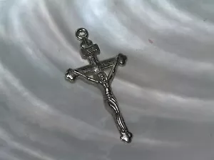 Vintage Carved Thin SIlvertone Religious Cross Crucifix INRI Pendant – 1 and 3/8 - Picture 1 of 3