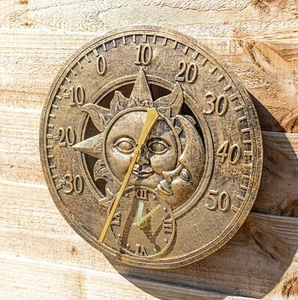 Large Outdoor Clock Sun Moon Thermometer Garden Decor Weather Station 12'' Gold - Picture 1 of 24