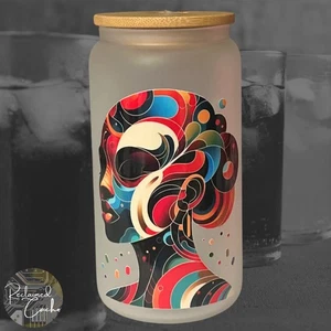 Vibrant Black Woman Frosted Glass #09 Tumbler with Bamboo Lid and Reusable Straw - Picture 1 of 3