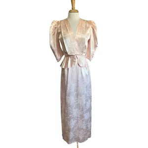 Vintage ZUM ZUM Pink Satin Jacquard Maxi Peplum Evening Dress Elegant Formal - Picture 1 of 9