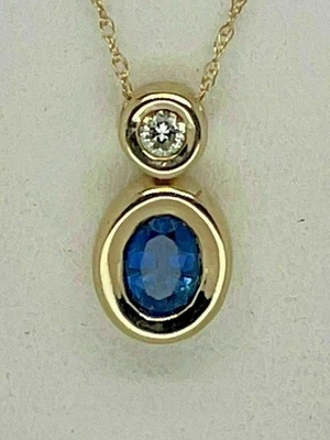2.0Ct Oval Cut CREATED Blue Sapphire Woman Pendant 14K Yellow Gold Free Chain - Image 1 of 3