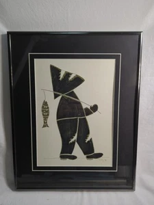 Vintage 1987 Inuit Eskimo Angeln Kunstwerk signiert schön gerahmt - Bild 1 von 8