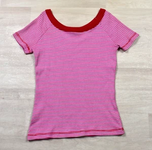 Y2K Ribbed Babydoll Tee Ringer T Shirt Short Sleeve Pink Red VTG 2000s - Picture 1 of 4