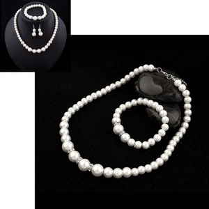 Large White Pearls Silver Necklace Bracelet And Earrings Set Costume Jewellery - Picture 1 of 1