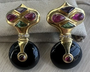 Baten Vintage 18k Tourmaline Diamond And Black Onyx Earrings. - Picture 1 of 9