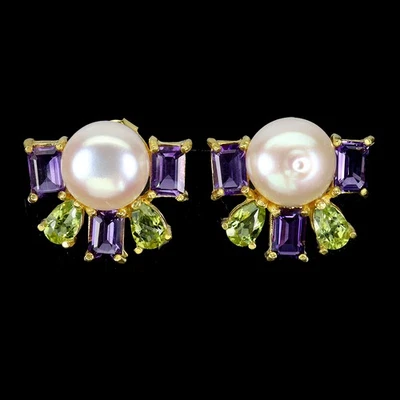 925 Sterling Silver Earrings Octagon Amethyst Peridot Pearl Gemstone Jewelry - Image 1 of 4