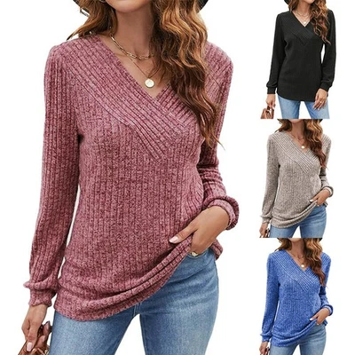 Ladies Long Sleeve RIBBED Pullover V Neck Tops Stretch T-shirts Jumper Size 8-20 - Image 1 of 4