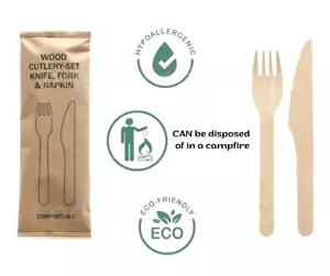 Juego de cubiertos de madera desechables biodegradables | Cuchillo, tenedor y servilleta 3 en 1 100 un. - Imagen 1 de 5