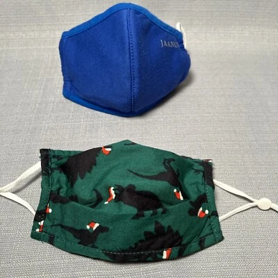 Kids Size Fabric Face Mask Holiday T-rex Santa hat fitted washable blue child - Image 1 of 4