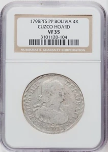 BOLIVIA SPANISH COLONIAL CHARLES IV 1798-PP 4 REALES COIN, NGC CERTIFIED VF35 - Picture 1 of 2