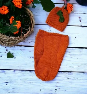 PUMPKIN Costume Newborn Photo Fall Photography Crocheted Handmade Unisex NEW - Picture 1 of 9