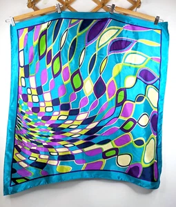 Vintage Large Square Multicolour Blue Purple Yellow Green Satin Scarf Geometric - Picture 1 of 6