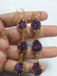 Agate Gold Edge Earring, Chandelier Long Earring, Geode Purple Gemstone Jewelry - Picture 1 of 5