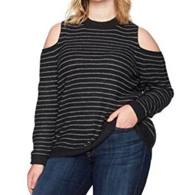 Lucky Brand Womens Plus Gray Striped Sweater Cold Shoulder Crew Neck size 3X - Image 1 of 4