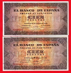 Lote de 2, 100 pesetas, 1938 ''Burgos'' Serie D y A minima falta de esquina inf. - Picture 1 of 2