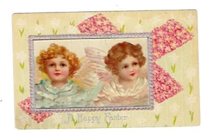 Postal de Pascua de 1914 2 ángeles querubines en un marco de fotos - en relieve - Imagen 1 de 2