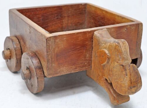 Vintage Wooden Elephant Basket on Wheels Original Old Hand Crafted