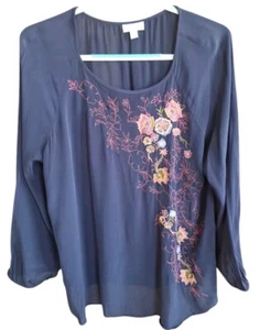 J.Jill Damen XL Bluse bestickt Blumen transparent Shirt Boho Hippie Bauern Top - Bild 1 von 6