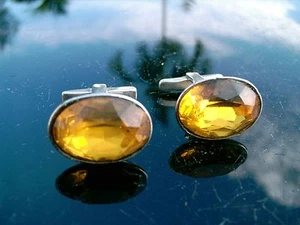 SilverTone  Cufflinks with .75" oval AMBER COLORED CENTERS  CLEARANCE  PRICE - Picture 1 of 4