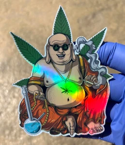 Stoner Buddha Holographic Sticker Waterproof Vinyl Psychedelic Trippy Art Decal - Picture 1 of 2