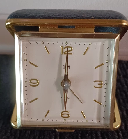 Vintage ELGIN Pocket Alarm Clock Travel Folding Timepiece Black Cover