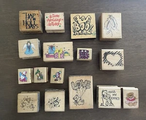 Lot Of 16 Vintage Wooden Mounted Rubber Stamps 1980/90s Holidays, Hearts Bears + - Picture 1 of 3