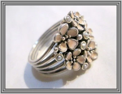 PANDORA 1990s Sterling - ENAMEL & PEARL FLORAL CLUSTER MOTIF RING - ALE NR - Image 1 of 4