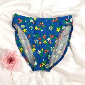 Blue Floral Colorful High Waisted Bikini Swim Bottoms 90s Boho Beach Tropical 10 - Picture 1 of 6