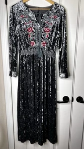 Crushed Velvet Embroidered Maxi Dress Womens L Castlecore Medieval Renaissance - Picture 1 of 11
