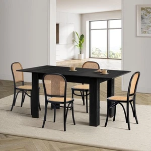 Oikiture 160cm Extendable Dining Table with 4PCS Dining Chairs Rattan Black - Picture 1 of 10