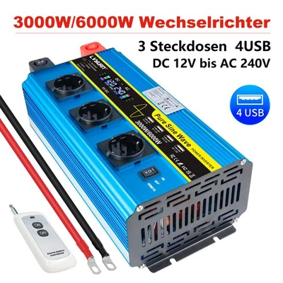 LVYUAN 3000W 6000W Reiner Sinus Spannungswandler 12V auf 230V Wechselrichter 4USB 3AC