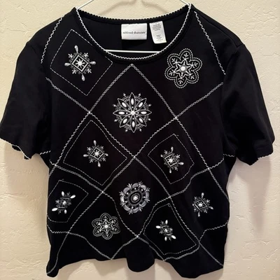 Alfred Dunner Women’s Short-Sleeve Black Top White Embroidery & Beads Size Large - Image 1 of 4