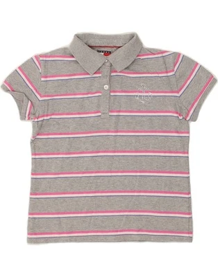 TOMMY HILFIGER Girls Polo Shirt 11-12 Years Medium Grey Striped Cotton JK19 - Image 1 of 3