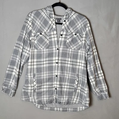 Camisa Eddie Bauer de franela con capucha para mujer XL gris forrada a cuadros capas Foto 1 de 4
